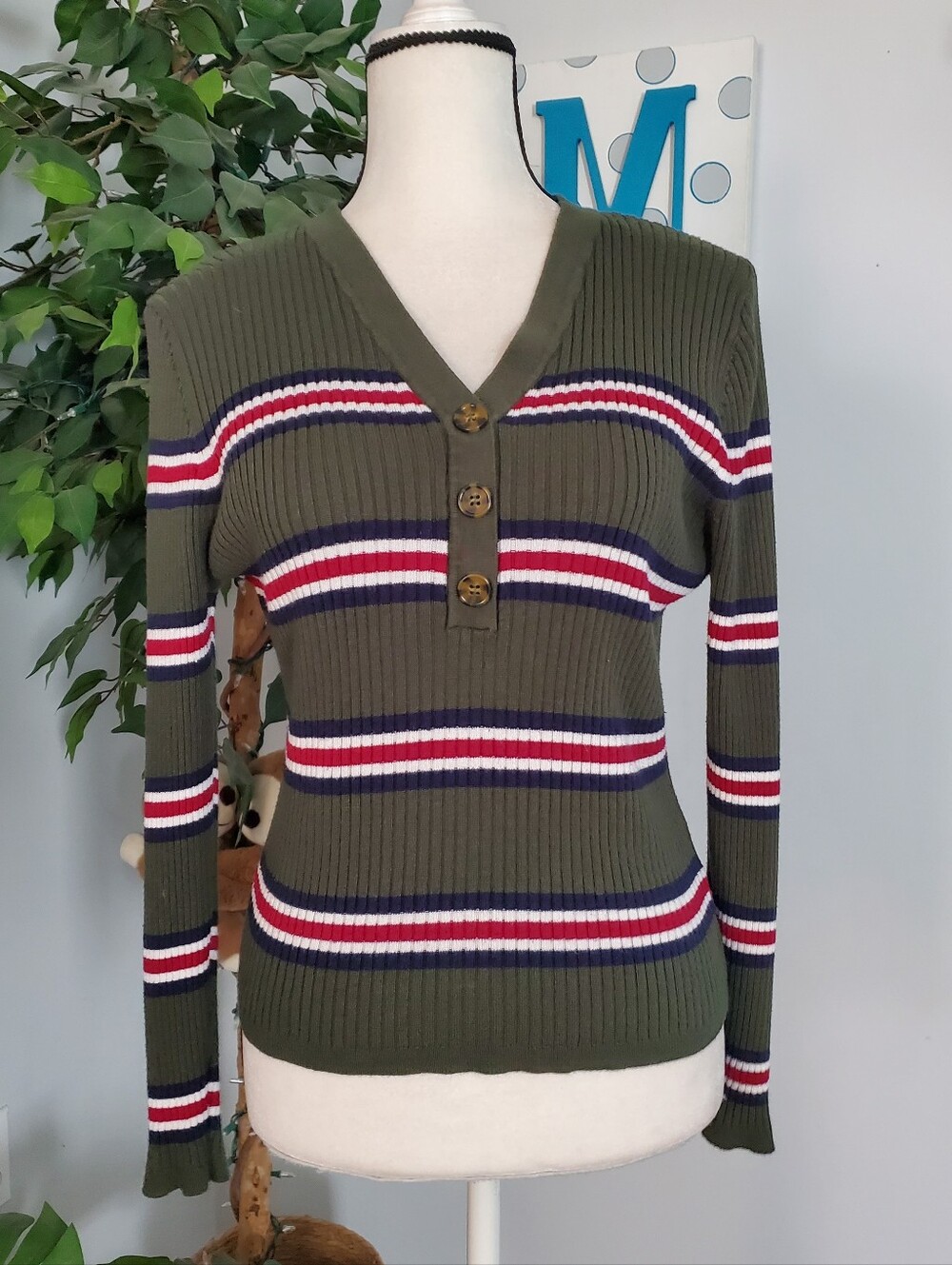 IT'S OUR TIME Y2K Ribbed Striped Henley Sweater XL